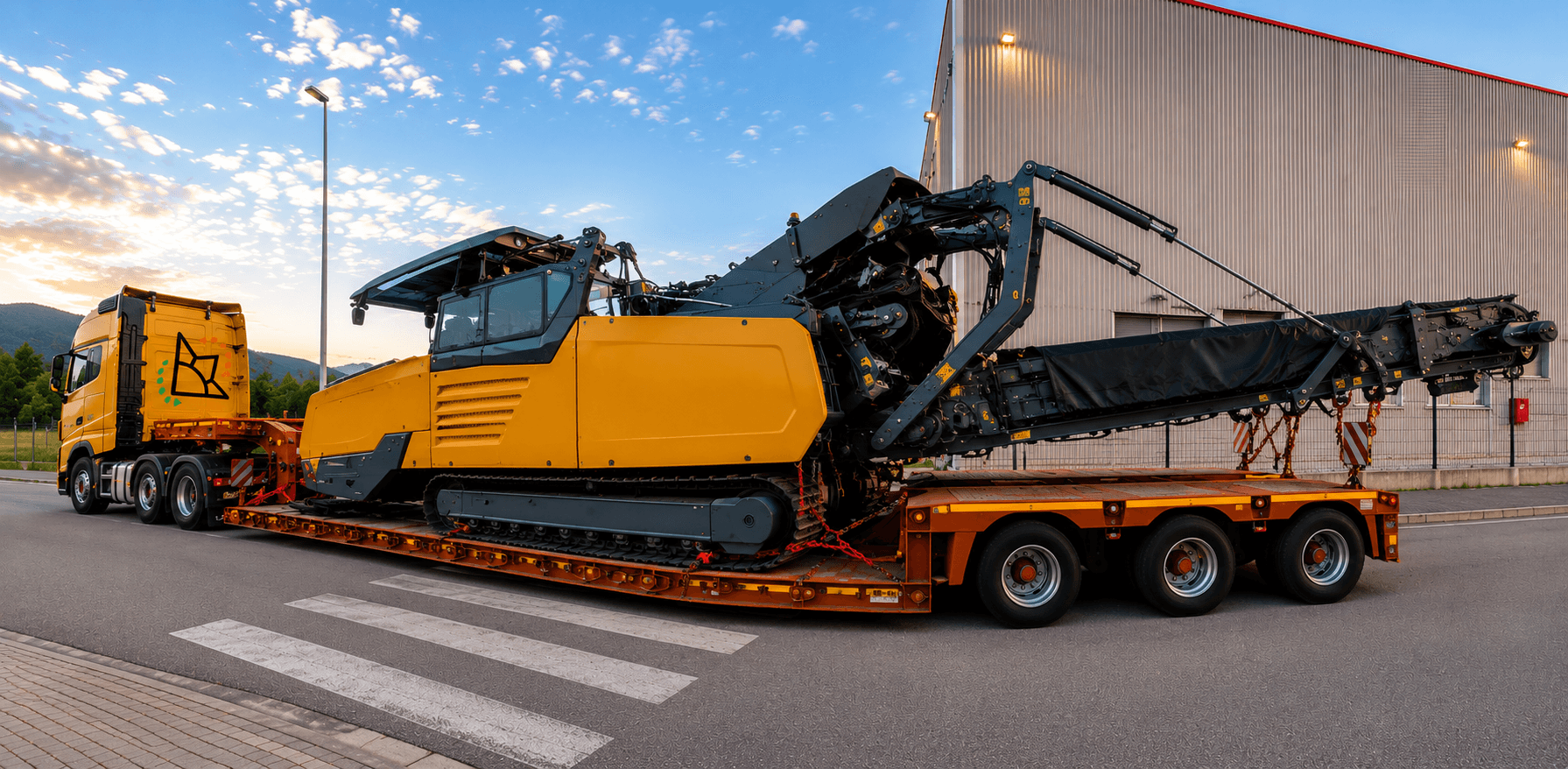 Camión TSP transportando maquinaria de gran formato sobre una góndola