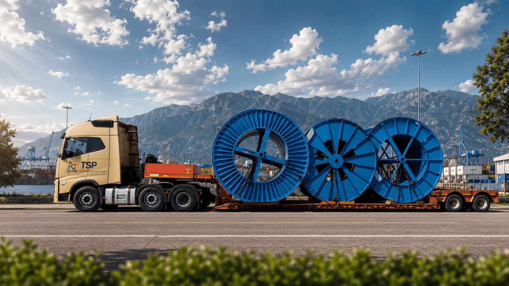 Camión TSP con góndola transportando grandes bobinas industriales