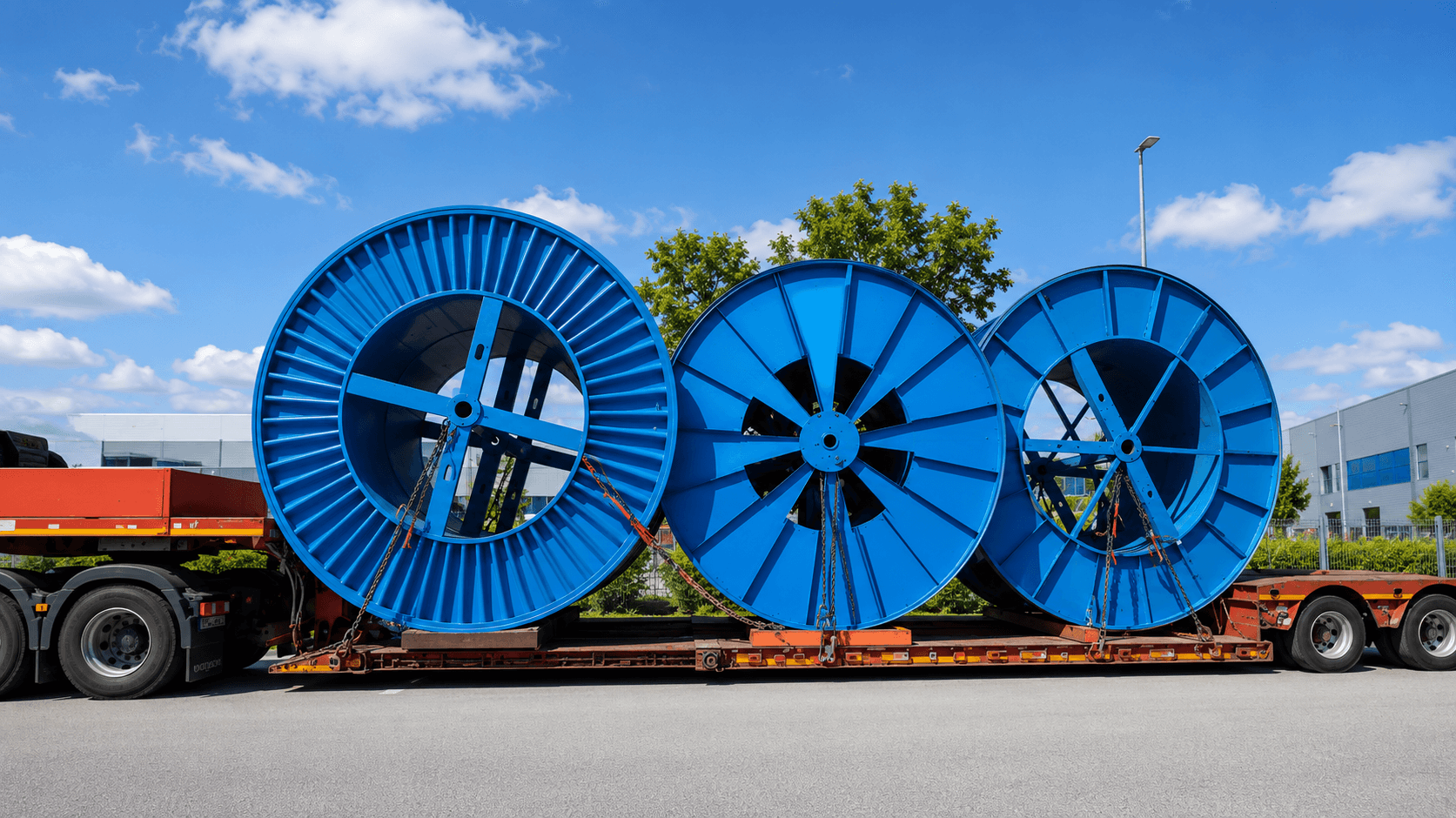 Detalle de grandes bobinas azules aseguradas sobre una góndola